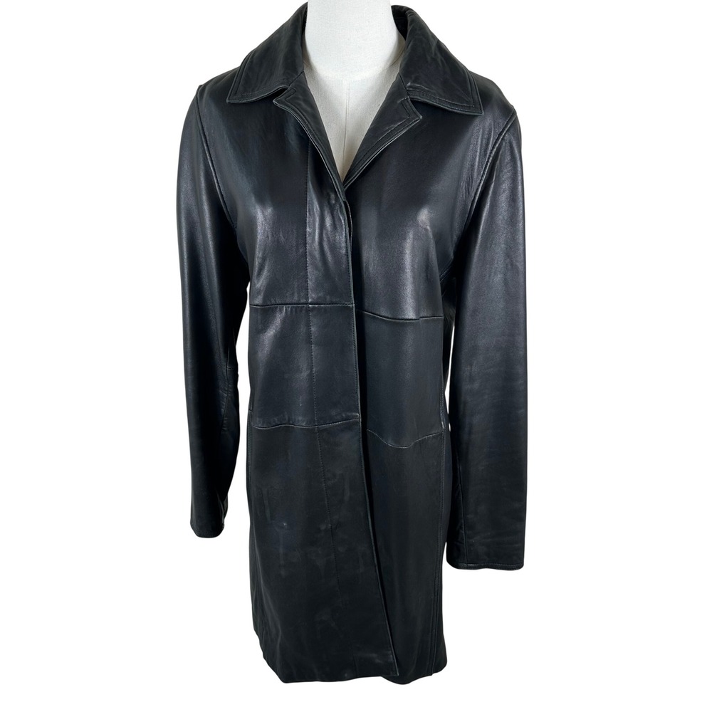 Vintage 90s Express World Black Leather Trench Coat Women 9/10 Mid Length Jacket